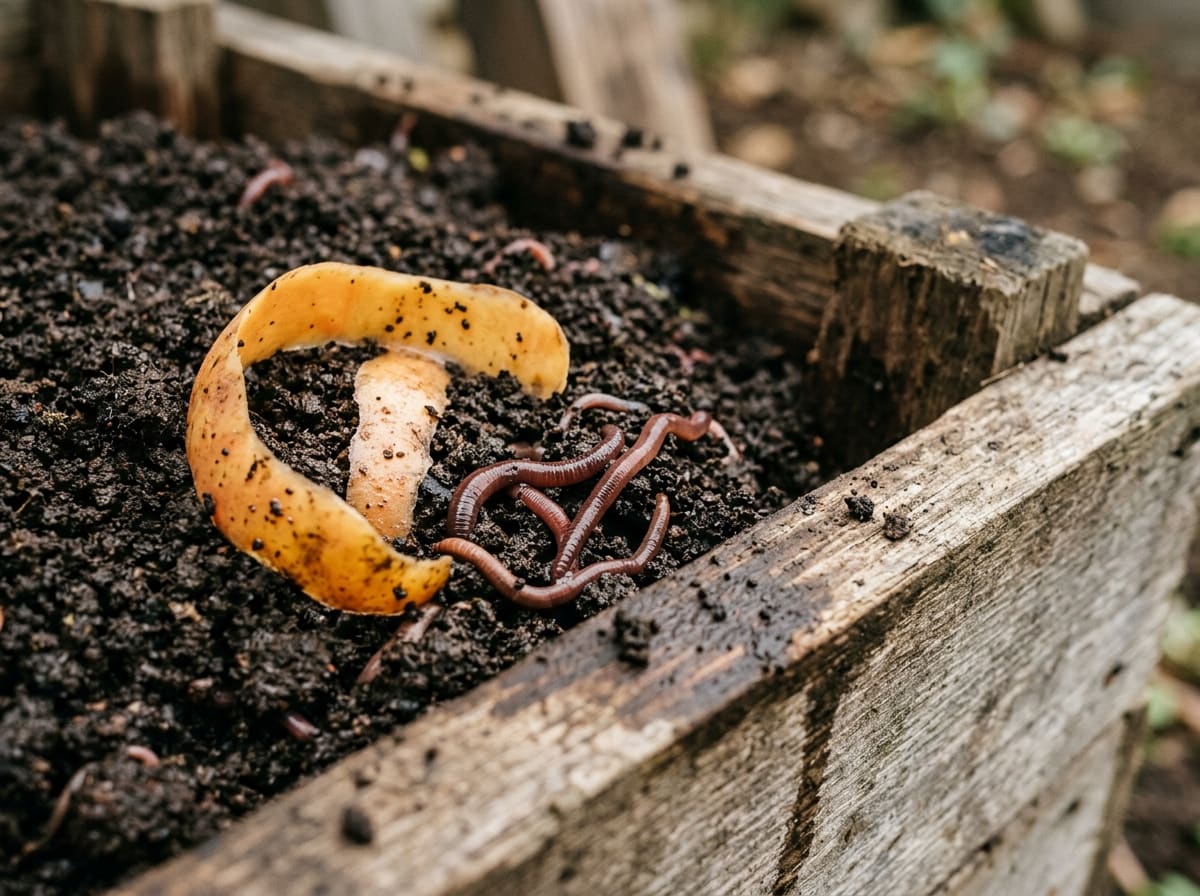 Dark, crumbly worm castings in a wooden bin, with red compost worms and a piece of fruit peel