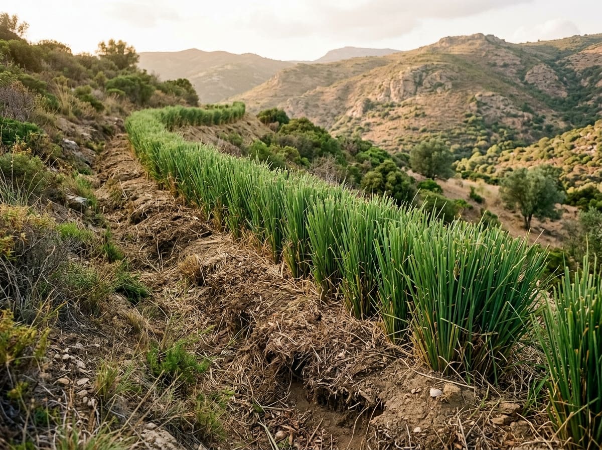 A dense hedge of vetiver grass along the contour of a dry slope