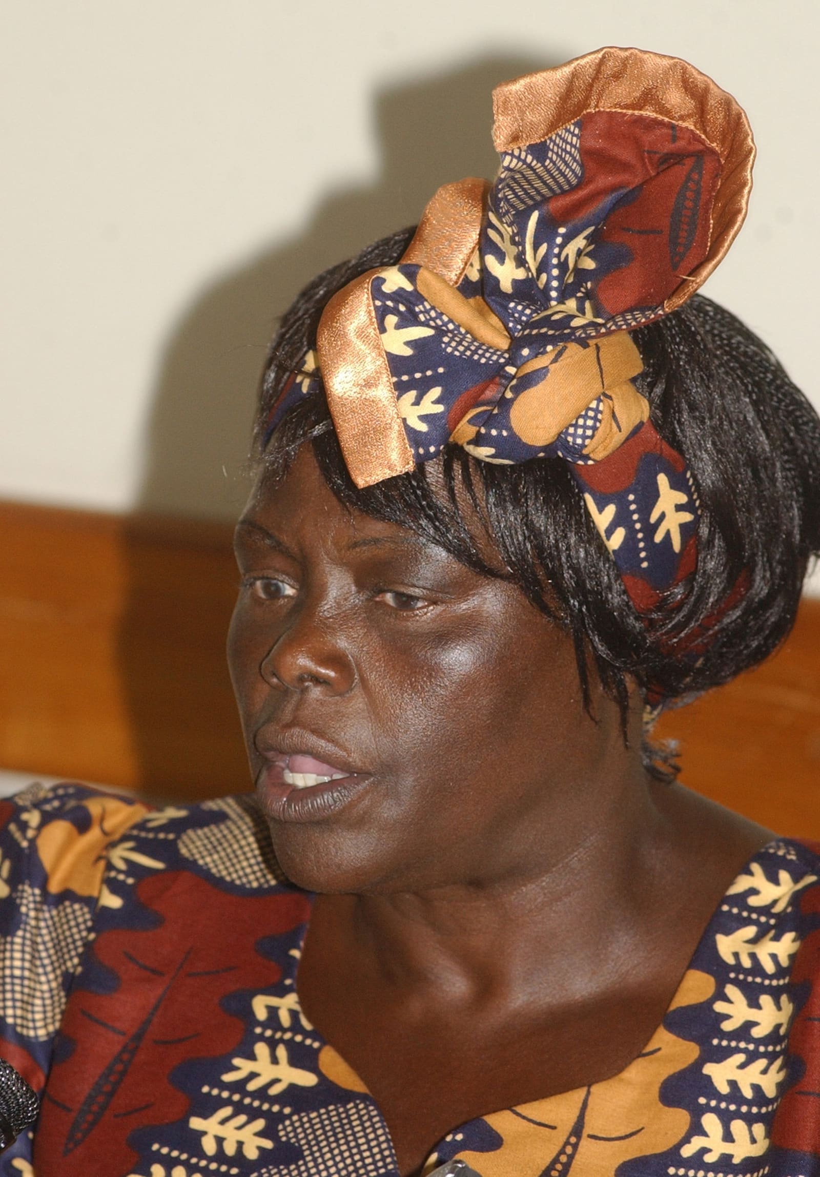 Wangari Maathai speaking during an interview in Salvador, Brazil, in 2006, wearing a patterned headscarf and dress.