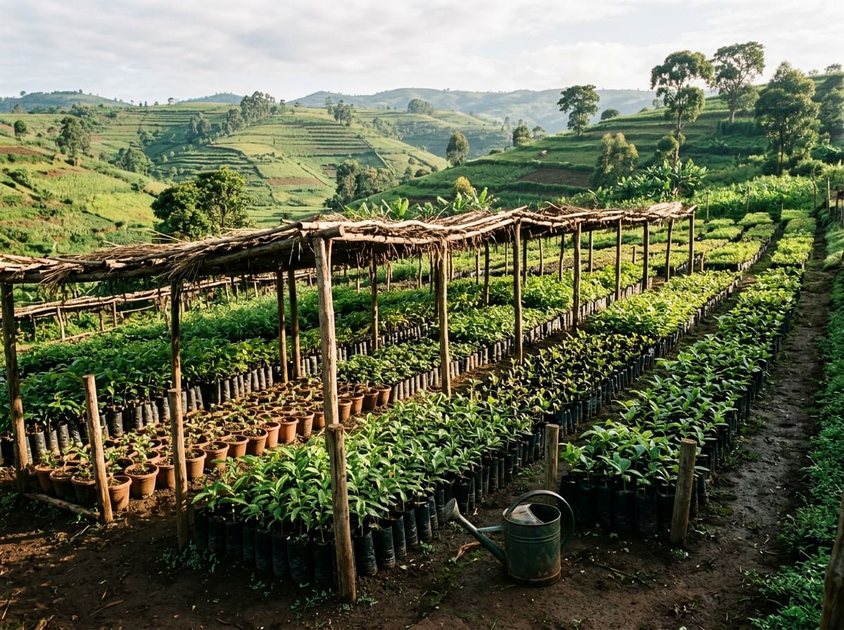 A small tree nursery in the green highlands of East Africa: rows of young seedlings in bags and pots under a simple shade roof
