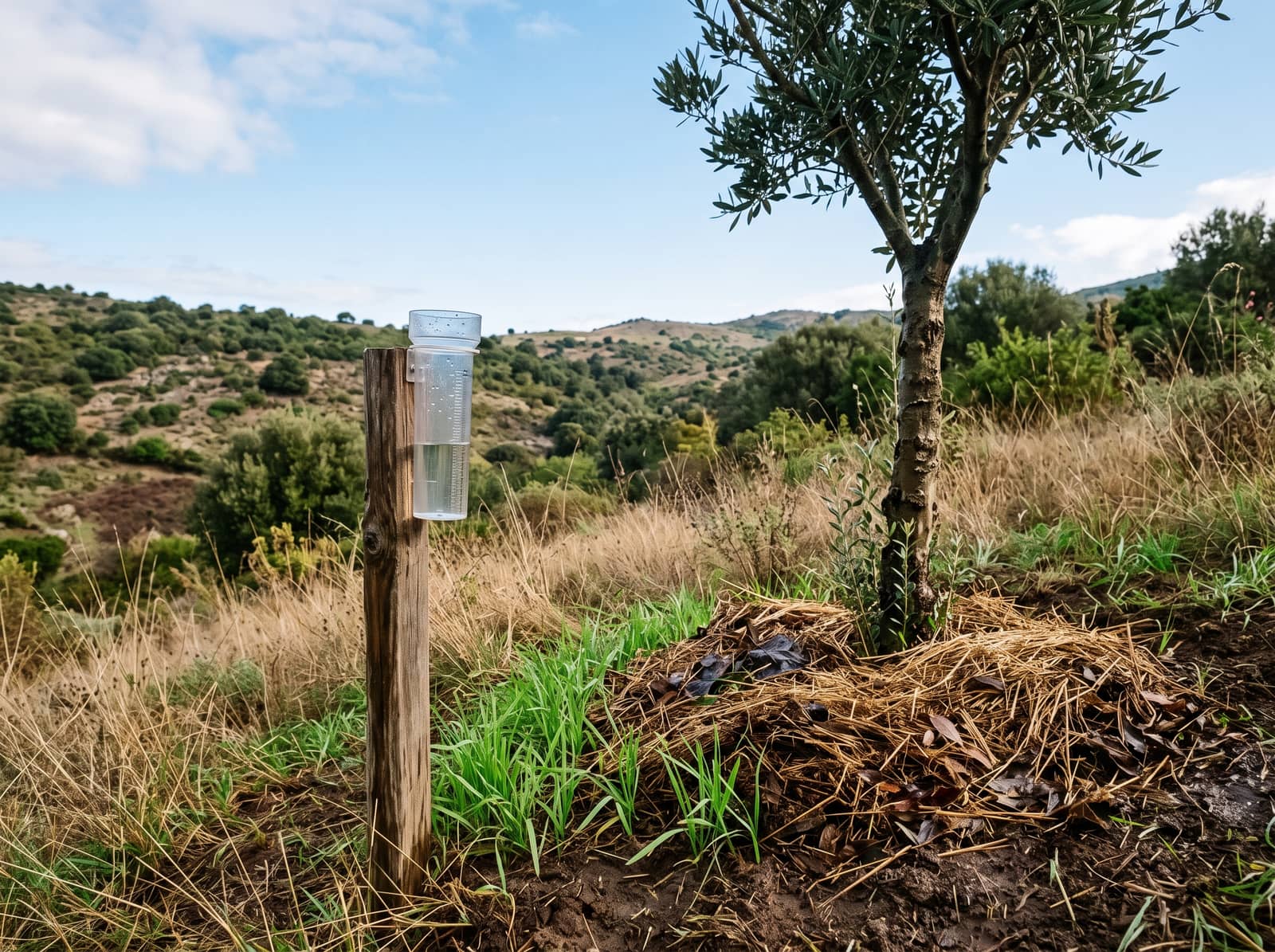 Pendio mediterraneo dopo la prima pioggia d'autunno abbondante, un pluviometro con acqua su un palo di legno, un giovane olivo con pacciame di paglia e foglie su terra scura e bagnata, germogli verdi nell'erba secca dell'estate