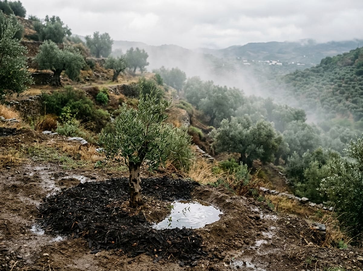 Mediterranean hillside after the first autumn rain, mulched soil around young trees, water in a small earth basin, mist over an old olive grove