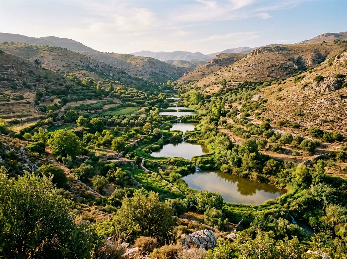A valley with a chain of small lakes, noticeably greener than the dry hills around