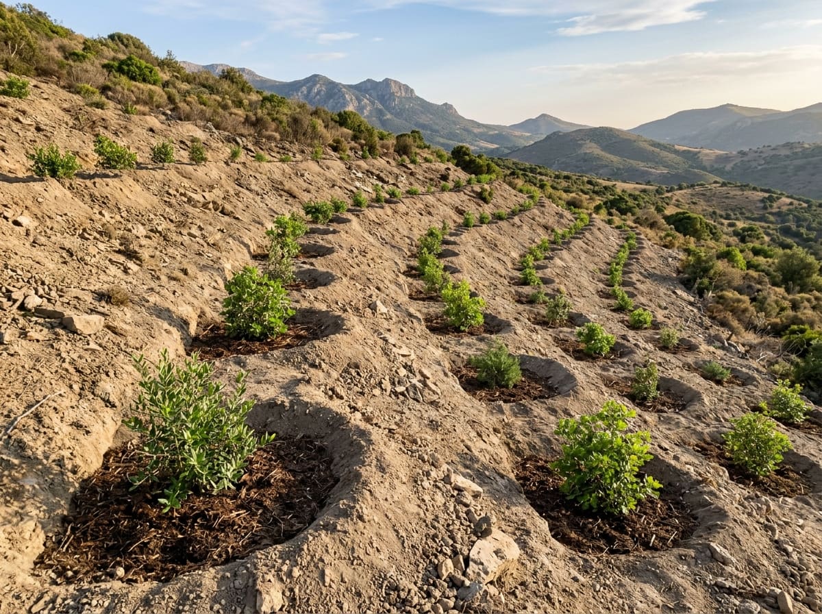 Half-moon earth basins with young plants on a bare slope