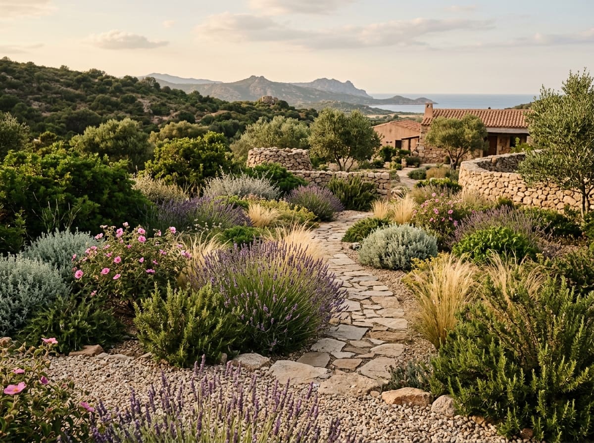 Dry garden with lavender, rosemary, santolina and gravel mulch