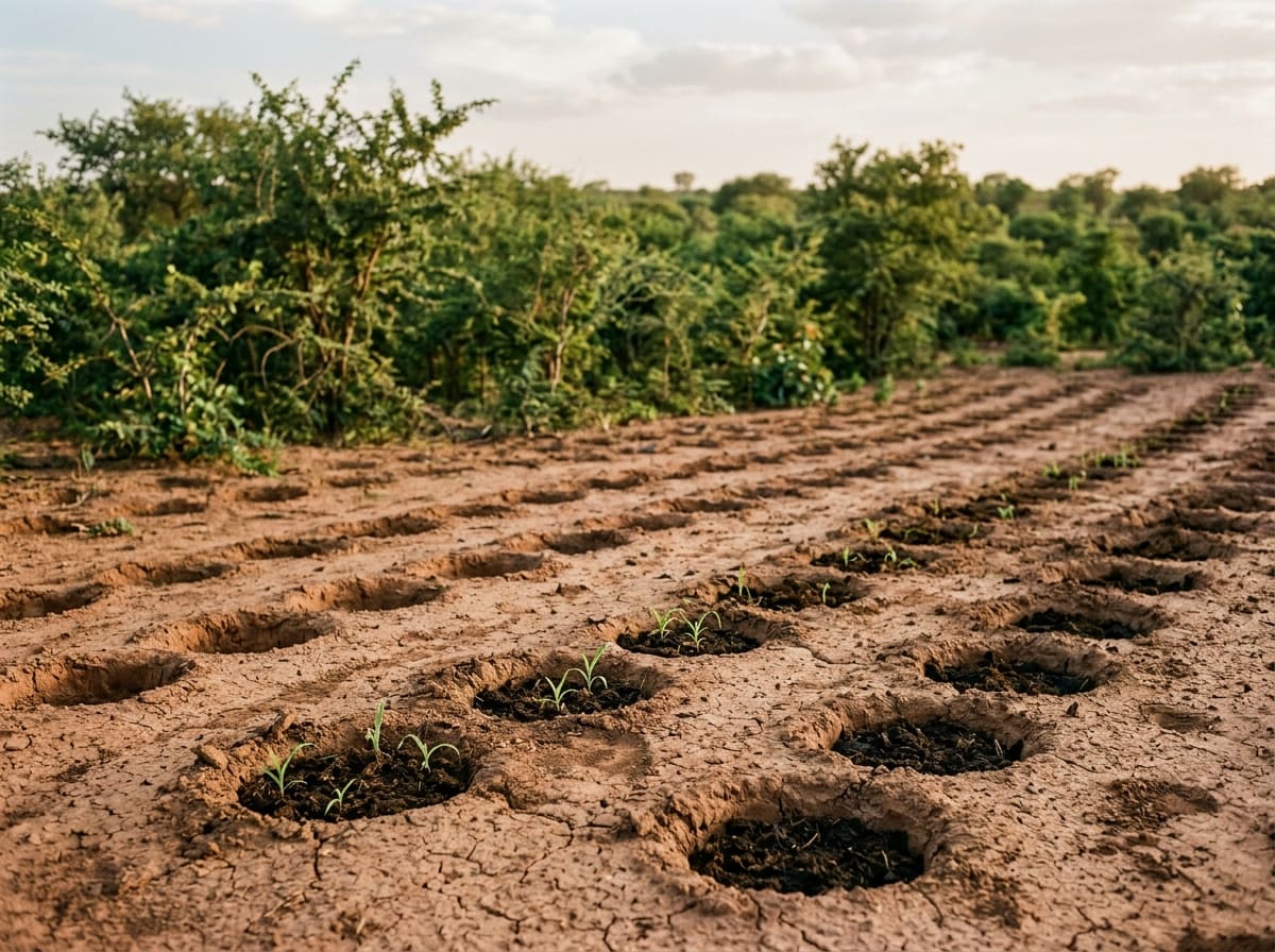 Rows of zaï planting pits filled with manure on crusted Sahel soil, young trees behind